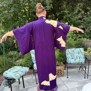 Vintage Kimono Deep Plum with  Painted Cloud Pattern - L/XL